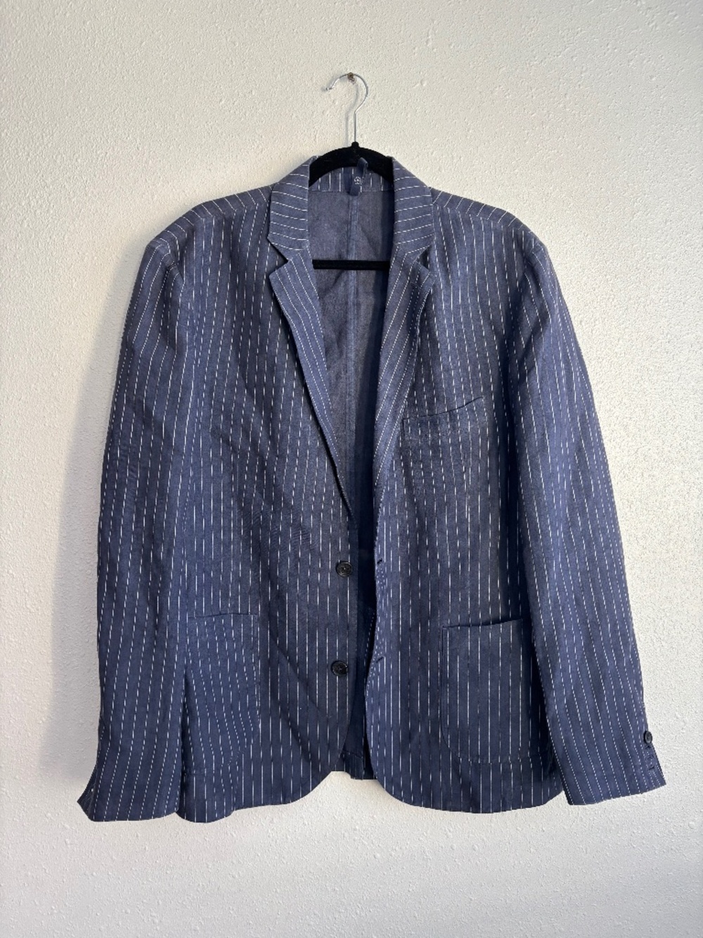 120% Lino Mens Navy White Striped Notch Lapel Single Breasted 100% Linen Blazer